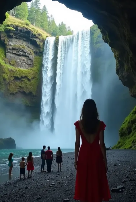 several people standing in front of a waterfall in a red dress, with a waterfalls, with waterfalls, in a cave with the waterfall, standing near a waterfall, photo taken in 2 0 2 0, waterfalls in the background, very very low quality picture, standing in fr...