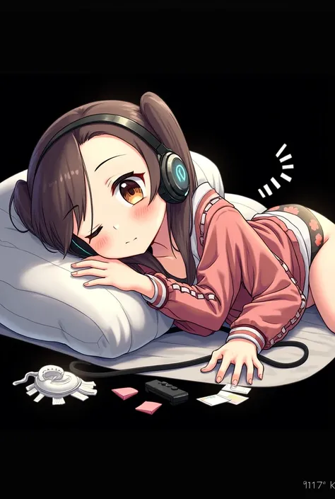   girl ,sleeps, eyes closed,  sexy underwear, jacket worn , Gaming headphones , 3 d , Anime style ,  on his jacket has  "Hot Game Lover"