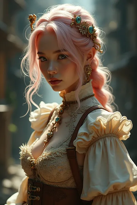 Upper body shot, female, pale pink hair, antique travel outfit, NSFW, dynamic pose, complex fantasy character, cinematic lighting, fantasy, magic, detailed background, best quality, HDR, 8k, photorealistic, RAW photo, highly detailed