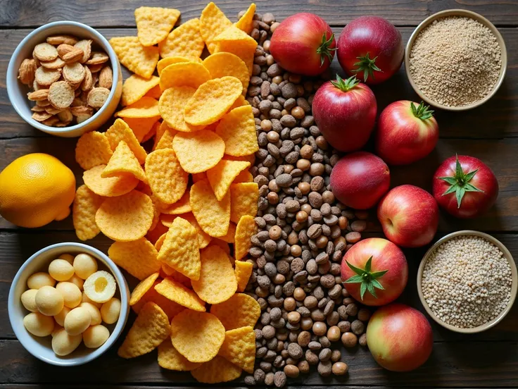 " A table divided in half ,  on the other side with packaged ultra-processed foods  (like chips, Soft drinks, fast food)  and whole and fresh foods  (like fruits, legumes, grains and nuts ),  showing the difference between healthy and unhealthy options."  ...