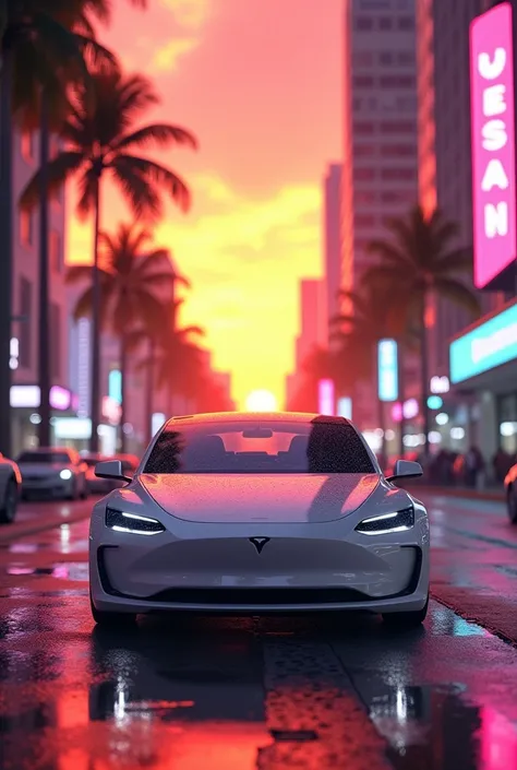 Neon morning , white TSLA rides at sunset in Miami in 1980