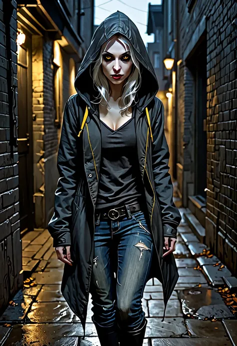 in the style of Charlie Bowater, (UHD), vampire, Nosferatu, woman, ugly face, asymmetrical eyes, hooded jacket, too long arms, crouching, looking at the viewer from the shadows, yellow eyes, gray skin like old cracked parchment, crouching in an alley, torn...