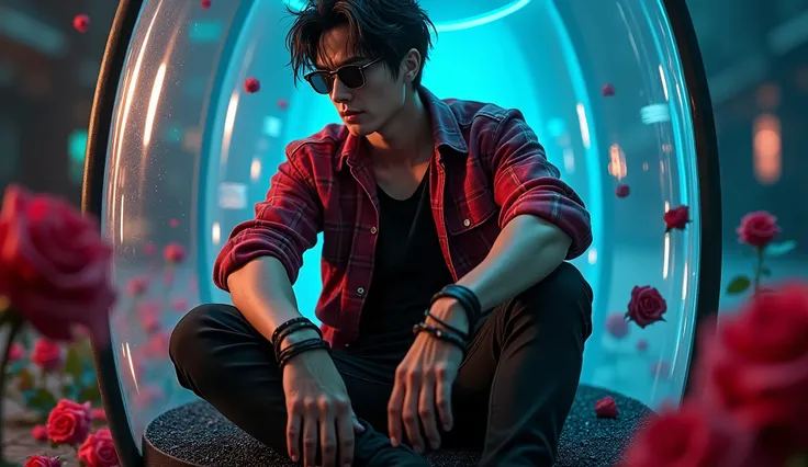 Create an artistic arafed of a male korean male sit inside the glass of the sand clock with black sand and roses outfit as the reference photo: a red plaid button-up shirt over a black undershirt, paired with black pants. The rocker should have a rugged an...