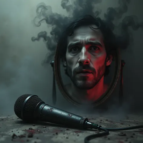 A disintegrated reading microphone and next to it is a mirror in which an image of a mans mouth closed is seen beneath a screen of black and red smoke and fog