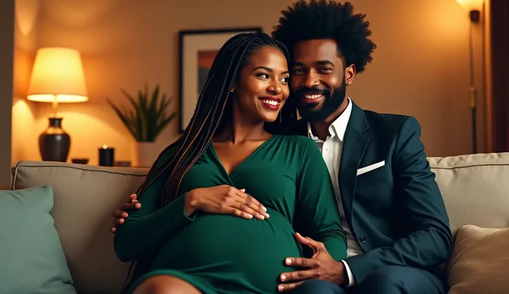 Une femme africaine très belle souriante aux cheveux longs bien tressés enceinte vêtu dans une robe verte foncé qui est assise sur les cuisses dun homme africain élégant aux cheveux afro moyennement bien taillé dune barbe bien taillé habiller en démembré b...