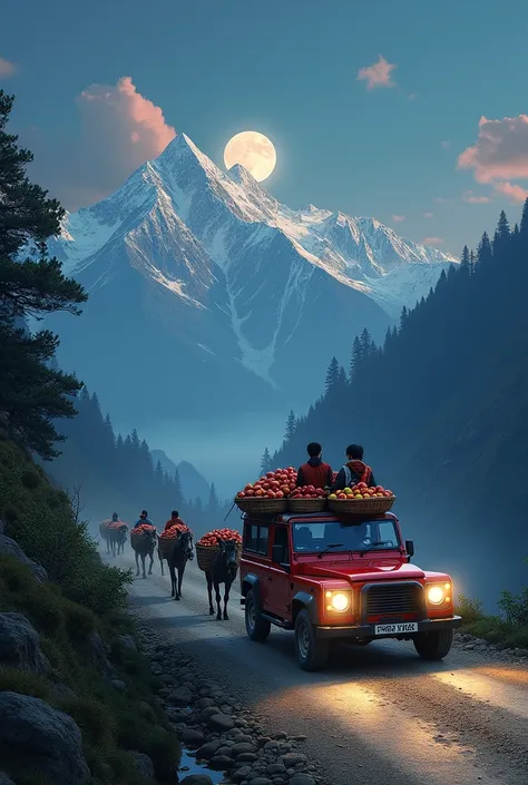 a car travelling in the most dangerous road in nepal, it is carrying two people with baskets of apples, some mules in the side carrying load, mountain and moon in the background