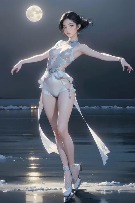 (best quality,4k,8k,highres,masterpiece:1.2),ultra-detailed,(realistic,photorealistic:1.37),Ice Dance skate, full body, full moon, Frozen lake, beautiful skater, pure white outfit, fantasy, elegant pose, graceful movement, glowing ice, atmospheric lighting...