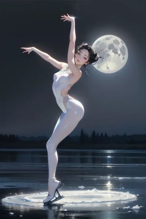 (best quality,4k,8k,highres,masterpiece:1.2),ultra-detailed,(realistic,photorealistic:1.37),Ice Dance skate, full body, full moon, Frozen lake, beautiful skater, pure white outfit, fantasy, elegant pose, graceful movement, glowing ice, atmospheric lighting...