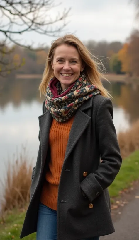 A 37-year-old woman walking alongA calm lakeside trail, wearingA turtleneck and scarf