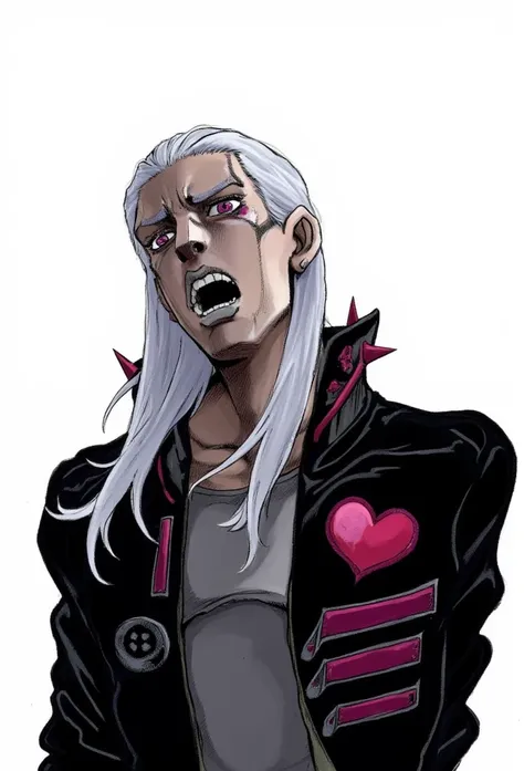 The image is a digital illustration of a man with long white hair and a skull-like face. He is wearing a black jacket with spikes on the sleeves and a heart-shaped patch on his chest. The man appears to be in a state of distress, with his eyes wide open an...