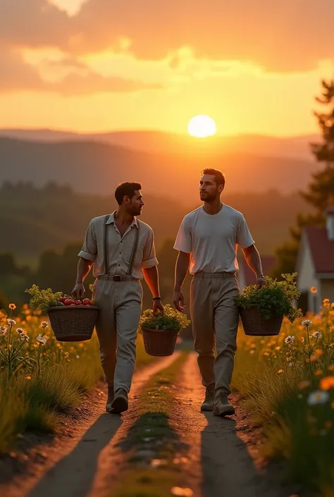 


A sunset over the village, with Ronaldo and Messi walking back to their farms, each holding a basket of their harvest."

