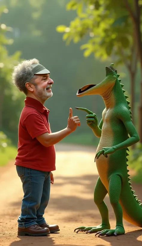 Prompt: a green calango with realistic features , called Zé Calanguin , está apontando o dedo para um homem com traços que lembram o ex-presidente lula,  with a head disproportionately larger than his body and appearance friendly . lula,  wearing a red pol...