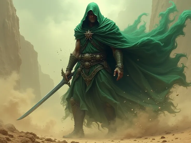 An ancient warrior wrapped in a dark green cloak in a dynamic Todd McFarlane-style pose surrounded by magic in a dramatic atmosphere of dust and clouds in the desert