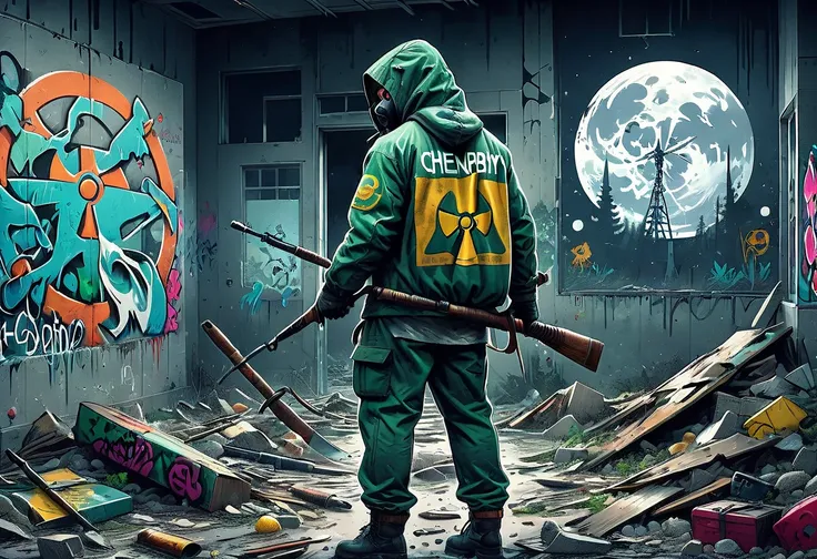 ((post apocalyptic Wasteland, abandoned place, rubble, destruction, destroyed buildings graffiti on walls:1.5)), ((Chernobyl, mutants, tattered clothes with hood and weapons, dynamic pose, epic:1.6)), ((background dark, full moon night:1.4)), (Masterpiece)...