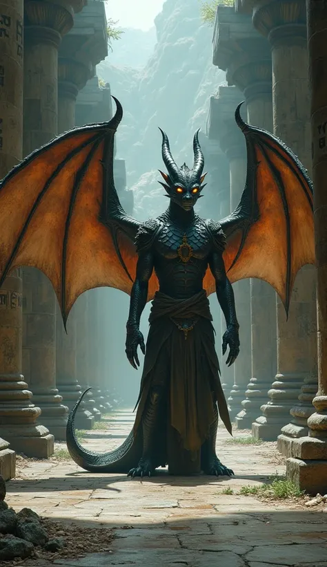 In an ancient, forgotten temple hidden deep within the mountains, a dragon-human hybrid stands in the center of a grand chamber. The hybrid’s body is a perfect blend of man and dragon, with powerful, scaled limbs and sharp claws, yet its torso and face ret...