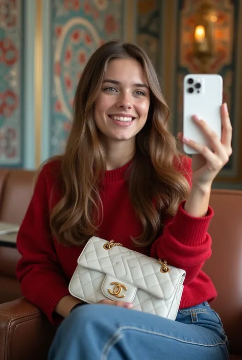  A girl from the Samarkand region sits at the YELKAN hotel .  In a red sweater and blue jeans and in her hand a handmade white Chanel  , And in her white iPhone .  She has hair  (long) Medium brown,  hand she smiles and looks at the camera .