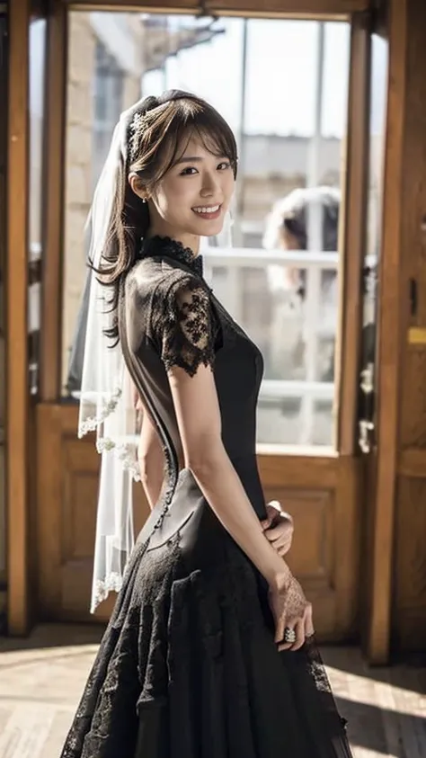 ( loss of appetite at the reception center, slender body :1.4). Alone,(unrealistically very long legs:1.4),  Very Thin,  top quality、  super detailed、8k、attractive woman、 Beauty 、 big smile when looking back、  black hair、( Jet Black Chemical Lace Wedding D...