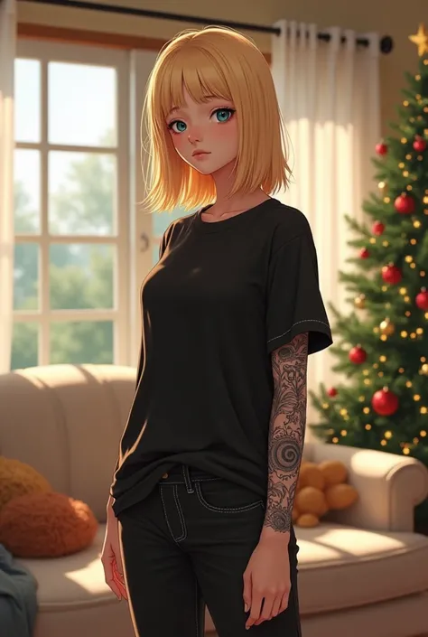 An ordinary short girl with blond hair up to her shoulders. One Hand from shoulder to hand tattooed .  Black oversized t-shirt and black jeans stand in the house against the background of the Christmas tree and sofa. Sunny atmospheric light  