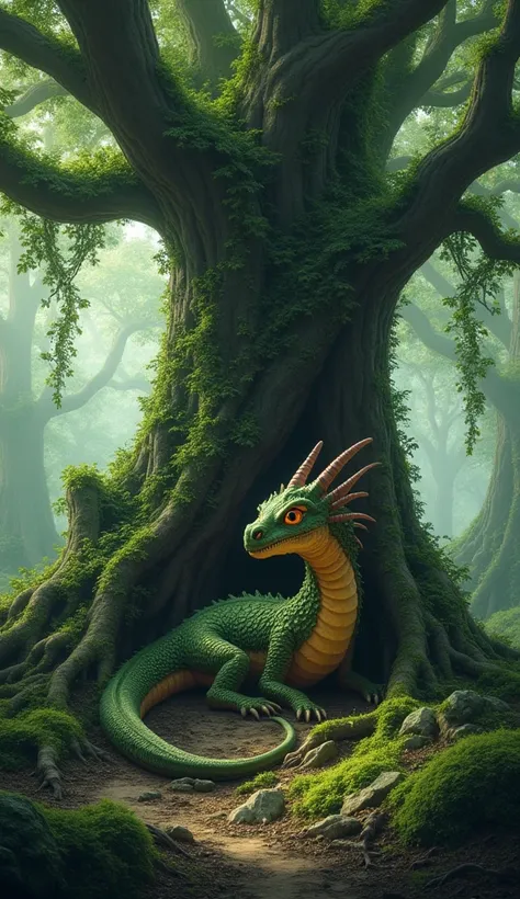 In a dense, enchanted forest, a dragon with bark-like scales and moss-covered wings lies nestled in the roots of a colossal ancient tree. Its body blends seamlessly with the natural surroundings, making it nearly indistinguishable from the forest itself. I...