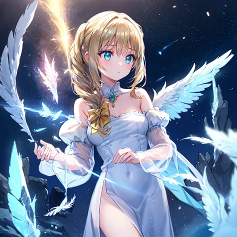 In a mystical setting, a cute cat-eared girl stands with transparent crystal wings outlined by glowing neon light. Snowflakes and shimmering feathers gently drift around her, catching the soft glow of her wings. The transparent wings refract the light, cre...