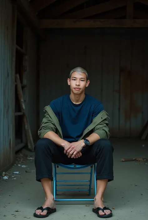 Korean man wearing navy short sleeve t-shirt , 20 years old, black shaved hair , (((Big arm muscles, tight breasts , Muscle Bundle, ))), Military green parka jacket , Black casual t-shirt as a bra ,Black 3 / 4 pants , sandals, sitting on a second-hand blue...