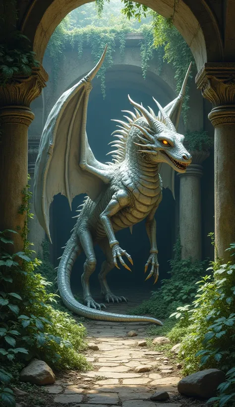 An ancient, time-worn dragon with silvered scales and cracked, crystalline wings slumbers in a forgotten temple deep within a jungle. The dragon’s form is almost skeletal, with age and decay creeping along its once-majestic frame, but its eyes still glow w...