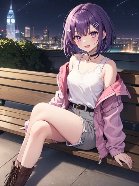  1 girl, solo, Purple Hair,  bob hair, Beautiful breasts, medium chest , white tank top,Grey shorts, black choker ,Black belt,Pink jacket, hair clip, brown boots ,Slanted Eyes, Light purple eyes, open your mouth slightly,smile,happiness/joy,  Sitting on a ...