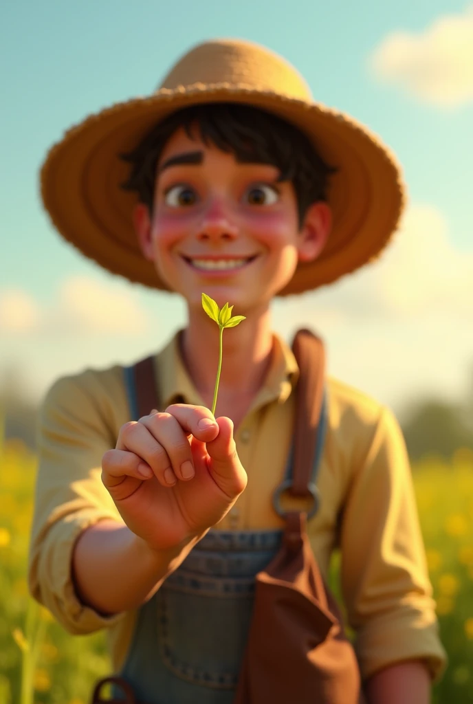 20-year-old Pixar-style young woman wearing her ,  straw hat , with a seed bag hanging over her shoulders .  He holds a mustard seed between his index fingers ,  which is tiny , almost invisible,  but shines in the sunlight ,  standing out in the scene .  ...