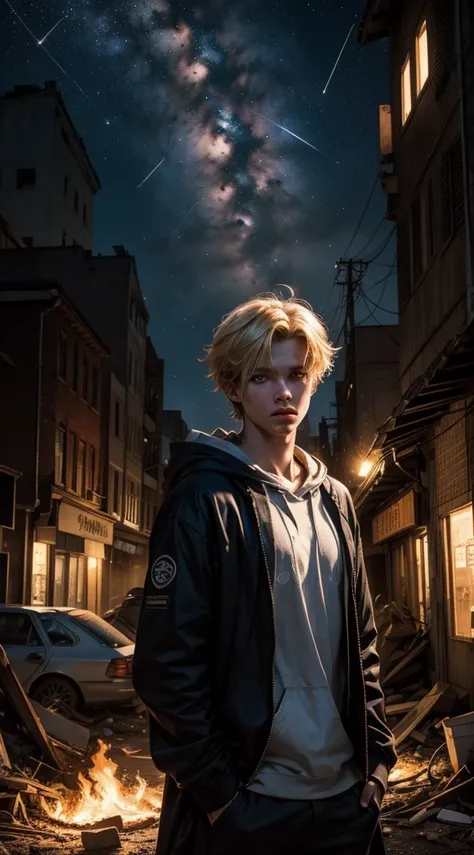 Masterpiece, high quality, absurdes, a guy, blonde hair, detailed eyes and face, blue eyes, handsome face, black hoodie, burning town ruins, abandoned suburban town, meteor shower, at night, chaos, panic, apocalyptic atmosphere, winged figure in the sky