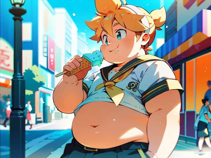 anime style, one boy, male , Kagamine Len, obese, chubby body, crop top like school uniform, belly button exposed, walking on a street, eating ice cream, satisfied smile