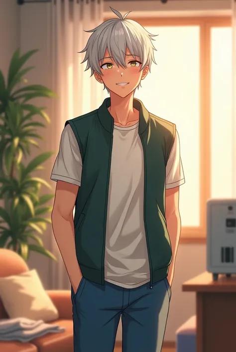  24-year-old male anime character ,  with short white hair and tidying up , Looking cheerful , vestido uma camiseta short sleeved e uma jaqueta verde escura sem manga, and a pair of blue pants, short sleeved, And a brown feel , With a more mature expressio...