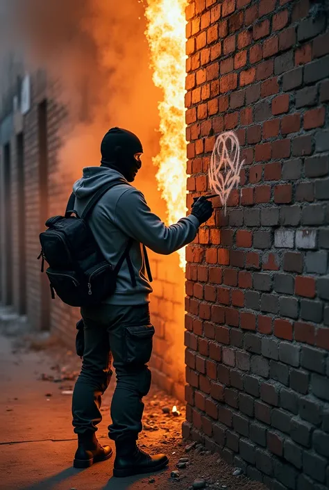 A guy wearing ankle boots , with knee pads , With tactical gloves, the Boloklaev mask in a gray sweatshirt and a black shoulder bag draws graffiti on a burning brick wall in a minimalist style pattern 