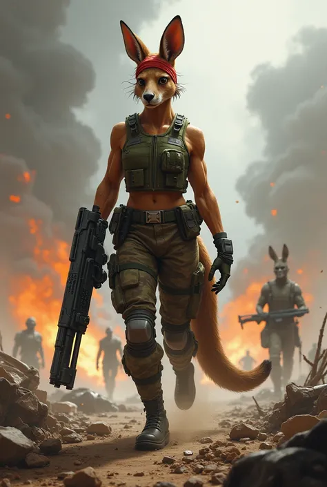 A female kangaroo, muscular, she stands amidst a chaotic battle scene, with wreckage , smoke and flames in the background. She wears female soldiers clothing, consisting of an olive green tactical vest, camouflage combat pants and sturdy boots. A red band ...