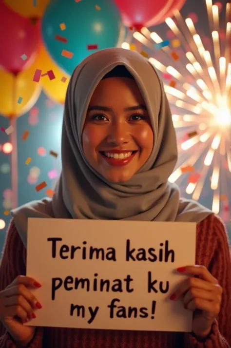 An exquisite and vivid close-up photograph captures a lovely muslimah woman holding a festive banner with the words terima kasih peminat ku. The backdrop is adorned with confetti, balloons, and fireworks, creating a jubilant atmosphere of gratitude and cel...