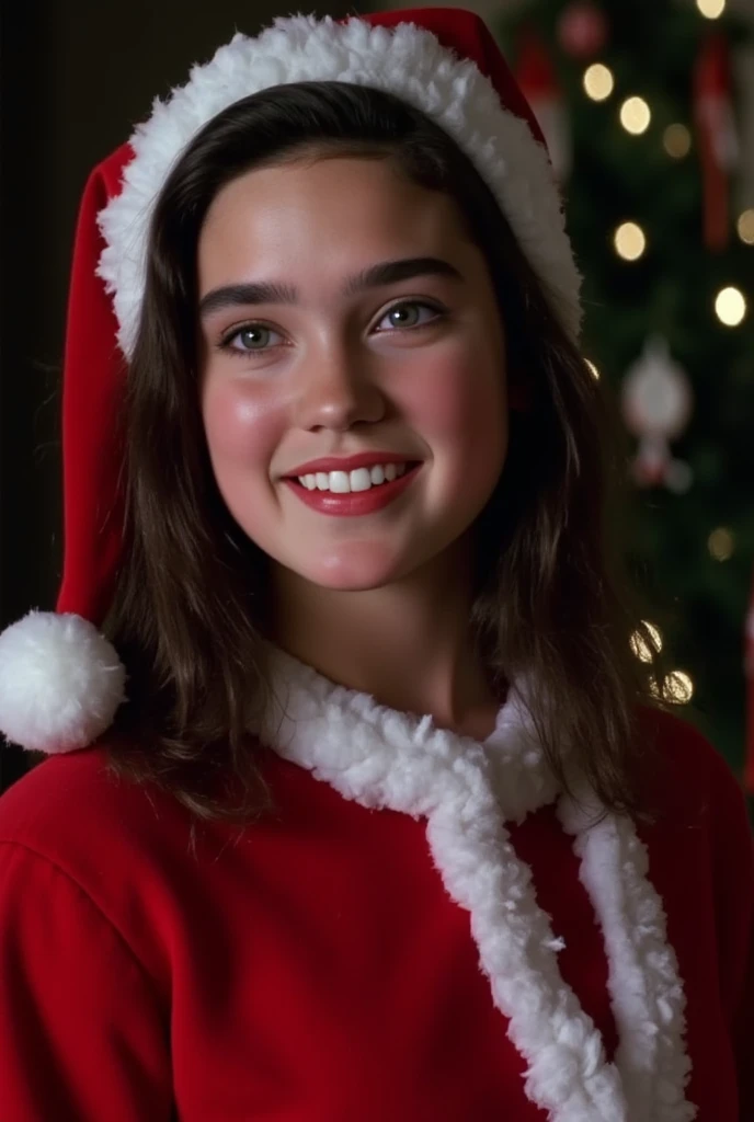 (very realistic photography),(masterpiece, best quality:1.3), 1girl, (alone),
((young Jennifer Connelly)),(at age 15),
from the top of her head to her waist,
She is wearing a Santa Claus costume,
with cute face with plump cheeks, 
scooped nose arched high ...