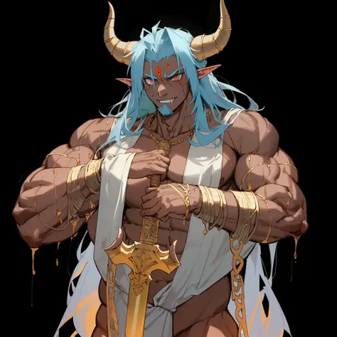 a close up of a man with a horned head and a sword, fit male demon with white horns, strong fat bacchanalian body, horned god, djinn man male demon, male djinn man demon hybrid, berserker potrait, fat ripped satanic creature, muscled humanoid balrog demon,...