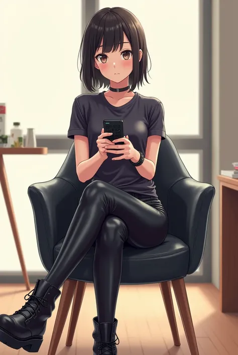 An anime-style illustration of a teenage girl sitting on a black leather dining chair and backrest with wooden legs She wears leather pants and black leather shoes and leather t-shirt ,  while holding a black television remote control in her hands .  The b...