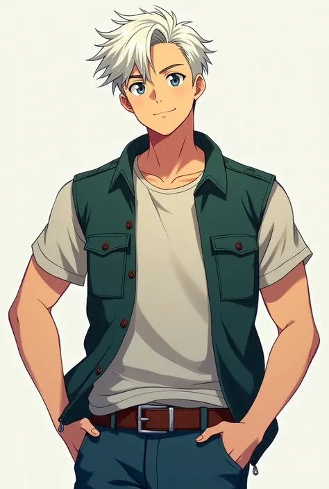  24-year-old male anime character , With short white hair and shaving on the sides and tidying, Looking cheerful , vestido uma camiseta short sleeved e uma jaqueta verde escura sem manga, and a pair of blue pants, short sleeved, And a brown feel , With a m...