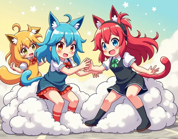 An anime-style comic depicting many animal-girls playfully wrestling with each other inside a bed comical fight cloud.
each animal-girl has different  colored hair.
their faces,hands,and feet are visible emerging from the cloud as they tussle humorously,  ...