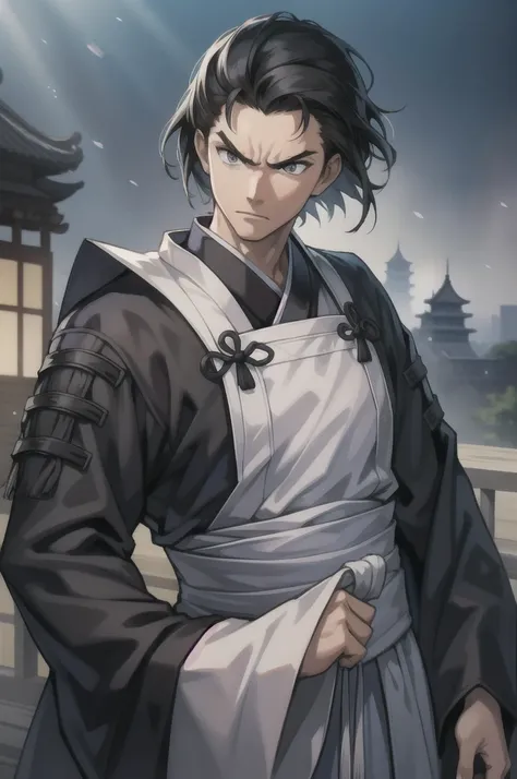 wearing hanfu 1boy, (very short hair:1.2), hair spread out, (black hair:1.2), straght hair, (gray eyes), covering ears, (angry:1.3), An old Chinese castle in the background, close-up, anime, cinematic lighting, cowboy shot, UHD, retina, masterpiece, accura...