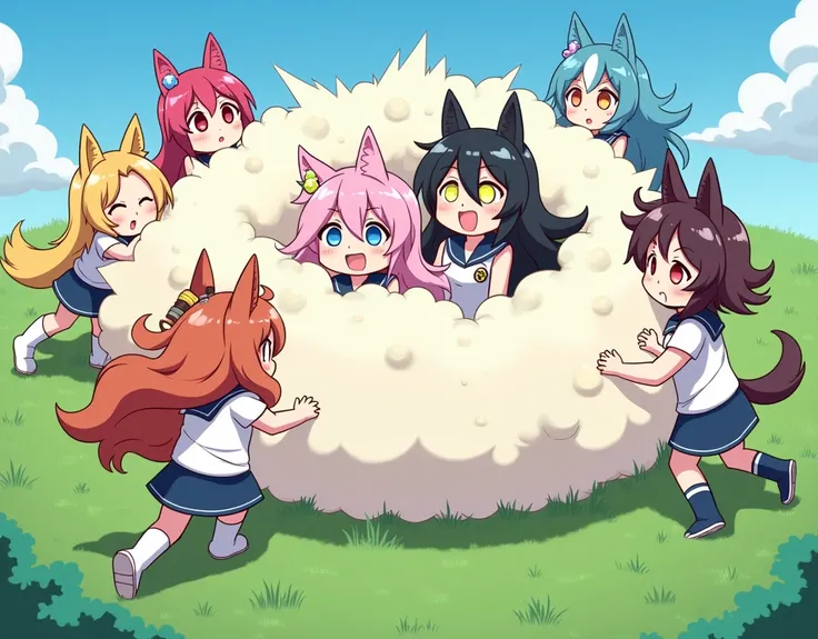 An anime-style comic depicting many animal-girls playfully wrestling with each other inside a field comical fight cloud.
each animal-girl has different  colored hair.
their faces,hands,and feet are visible emerging from the cloud as they tussle humorously,...