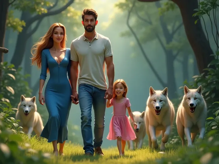 "Create an ultra HD, animated scene of mother wears blue dress half zipped big boobs, father wear a blue jeans and white shirt and young white beautiful eyes girl wear a pink dress, they are walking forward. The background features a jungle with wolfs are ...