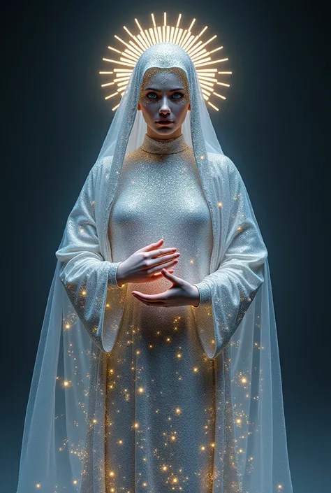 Immagine cristiana di santa lucia a figura intera.
Ricoperta in viso e sulle vesti di paillettes argentate e brillantini argentati 
