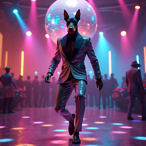 A doberman in a flashdance disco suite,he is dancing in the discotheek, bright colored light tiles on the floor, on the ceiling a large disco ball, extremely detailed, fantasy, cinematic lighting, high contrast, epic, masterpiece, photorealistic, 8k, hyper...