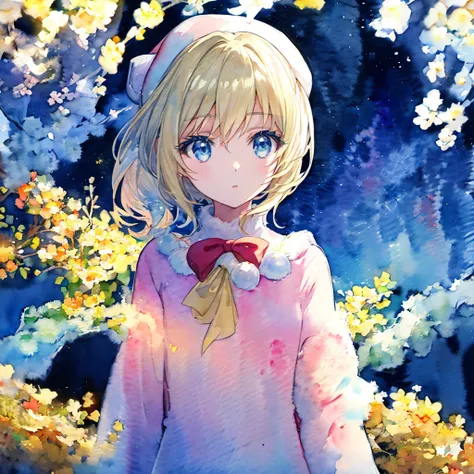 1 cute girl, blond short hair, light blue eyes, spacing out, upper body, starry night, (watercolor style:1.4), pastel color, beautiful landscape background, winter, light snowfall, dark, Santa Clauses beanie, Santa Clauses cloak, anime, artful, white breat...