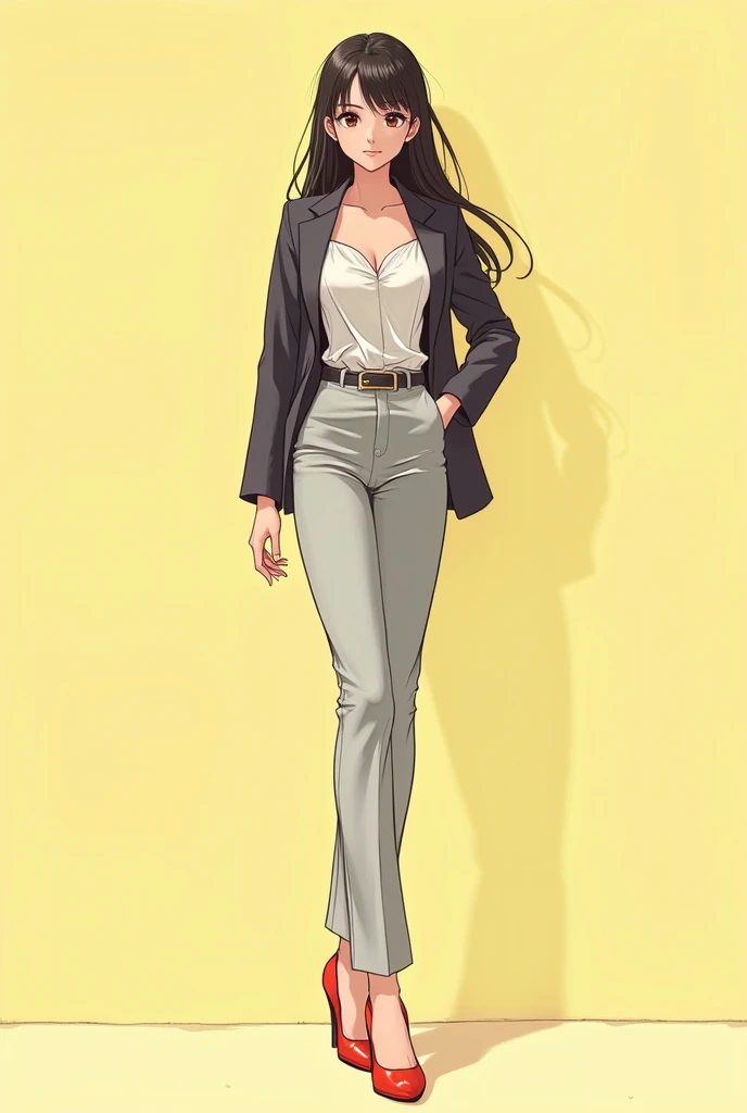 Girl in heel ,  elegant and neat outfit.  bright and high heels . manga 