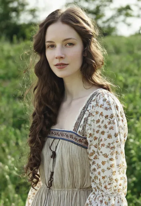 Create a woman with a pale skin, wearing a peasant dress, long, wavy, brown hair 