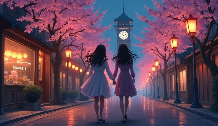 "A quiet city street at night, the woman walks hand-in-hand with someone, her hair flowing gently in the night breeze. The street is lined with glowing lanterns and retro storefronts. The background features cherry blossom trees faintly lit by streetlights...