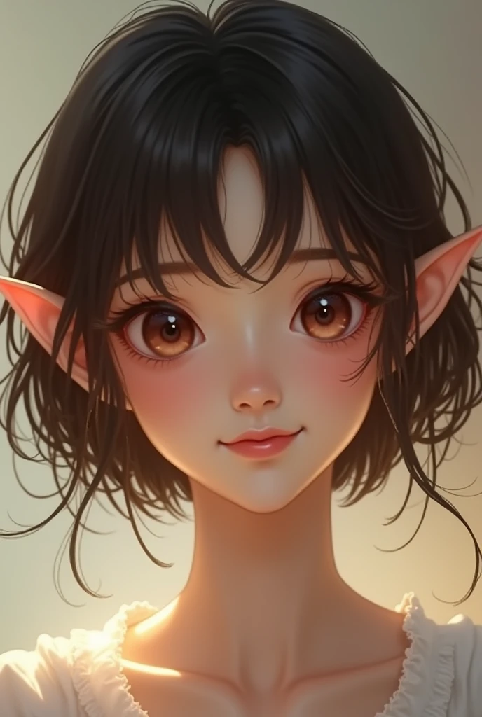 Only the face is visible.  girl . short dark brown hair . elf ears. smiles 