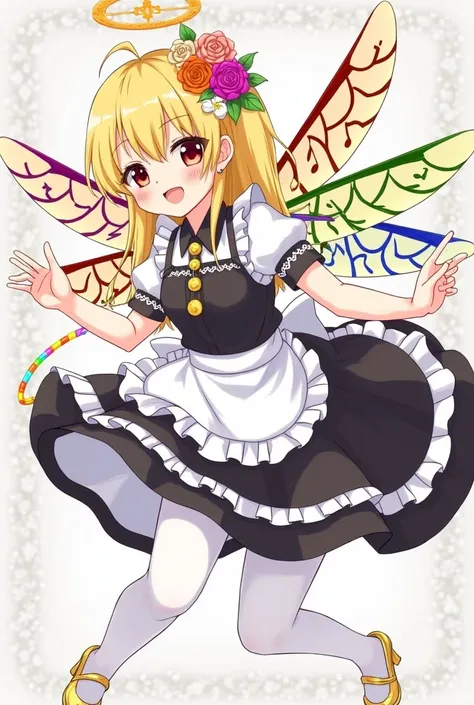 Musical notes weapon 、Blonde、 black and white dress with apron、White frills、 black lace around the neck 、White tights、Gold Heels 、 rainbow chain 、 red eyes、 colorful flower field wings on the back 、Dancing、 full of music 、 ring of flowers on the head 、 gli...